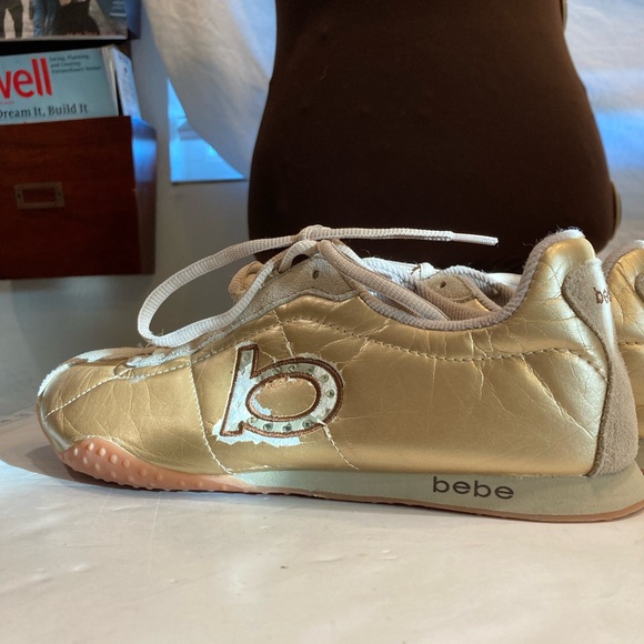 Bebe Sport Womens 9.5 Sneakers Gold Leather W/ suede Details & Rhinestones on B - Picture 9 of 16
